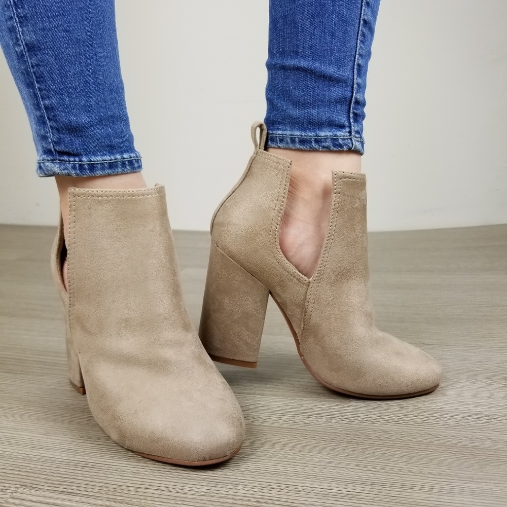 Vegan Suede Tan Cute Ankle Boots W/ Open Sides - Picture 8 of 8